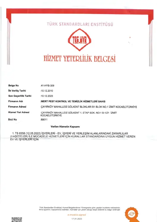 İzmit İlaçlama Firmaları - Böcek kontrol Hizmetleri - TSE Hizmet Yeterlilik
